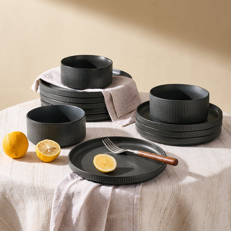 Service de table 24 pièces avec tasses (ensemble de 6), gris anthracite mat, Matte Black