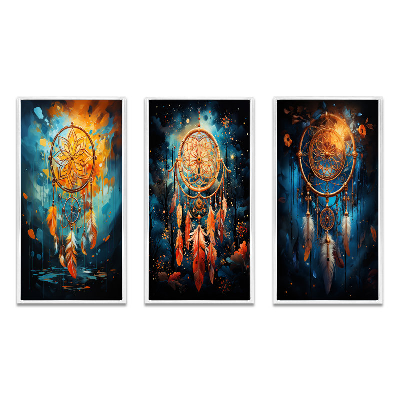 «Mystic Dreamcatcher Dreamscape», 3 pièces sur toile, Cadre blanc, H 40 po x l 60 po