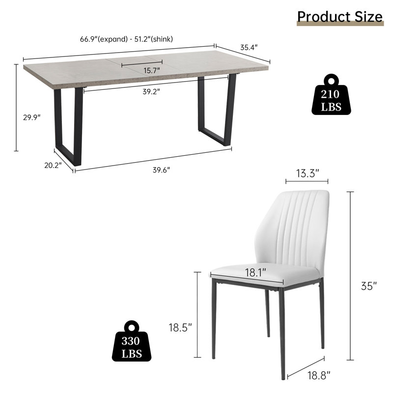 Modern Kitchen Dining Set, Extendable Dining Table with Dining Chairs(1Table 6Table), White, 7 Pieces: Table, 6 Chairs