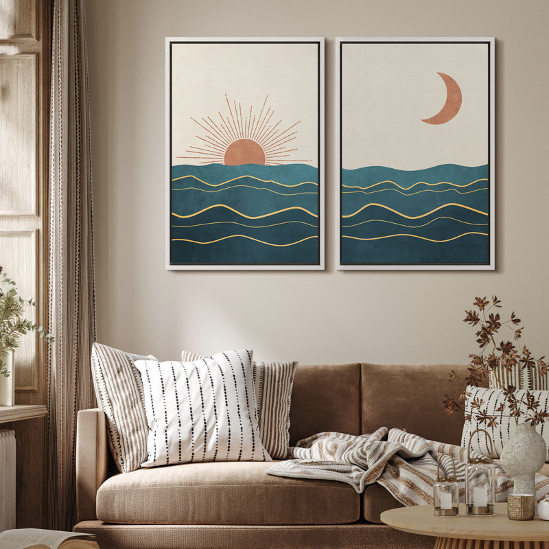 Sun And Moon " Shining Sun And Crescent Moon Over Teal Ocean Waves " 2 - Pieces, 24" H x 32" W, White Floater Framed