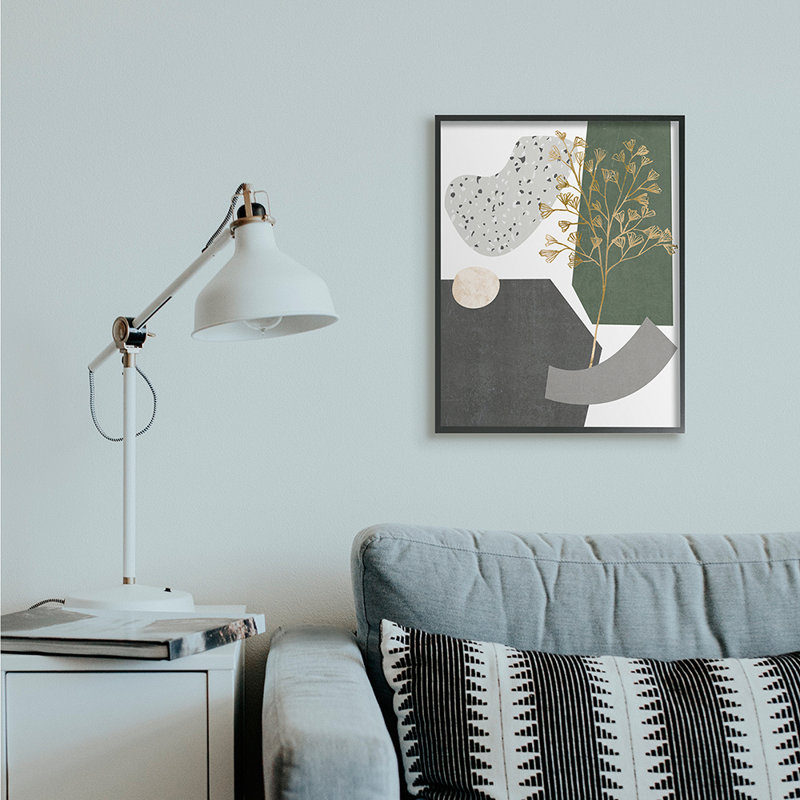 Formes abstraites avec détails floraux dorés par Melissa Wang - impression d'art graphique, Giclée encadrée noir minuit