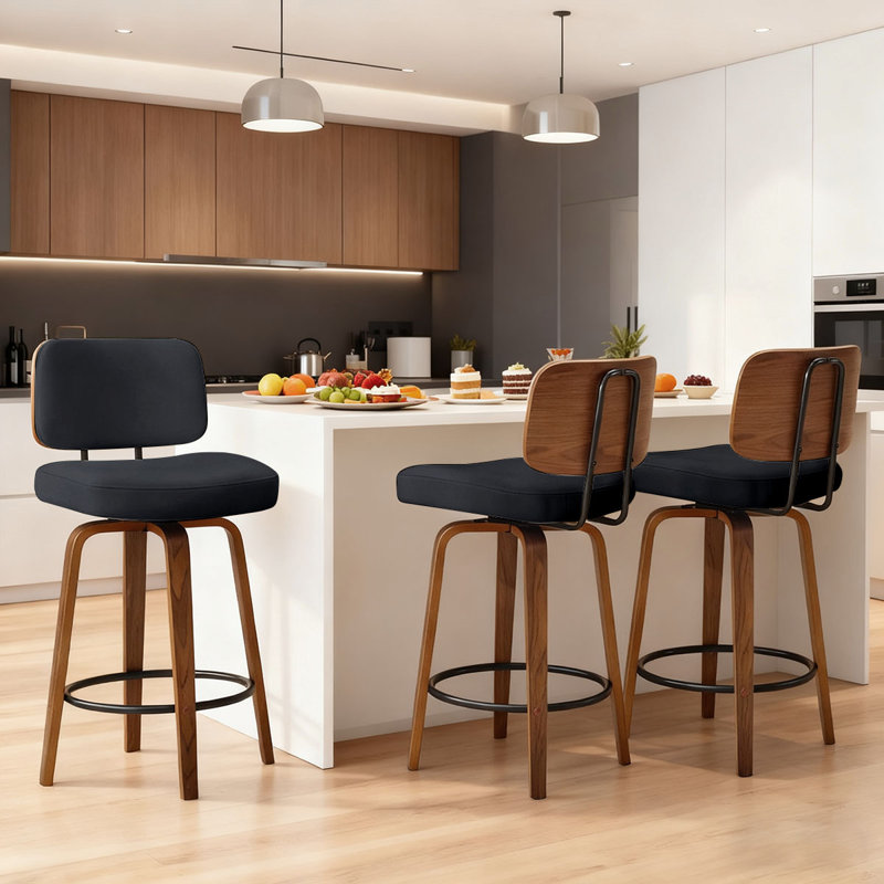 27" Set of 3 Swivel Faux Leather Counter Height Bar Stools with Backrest,Black, Black, 3