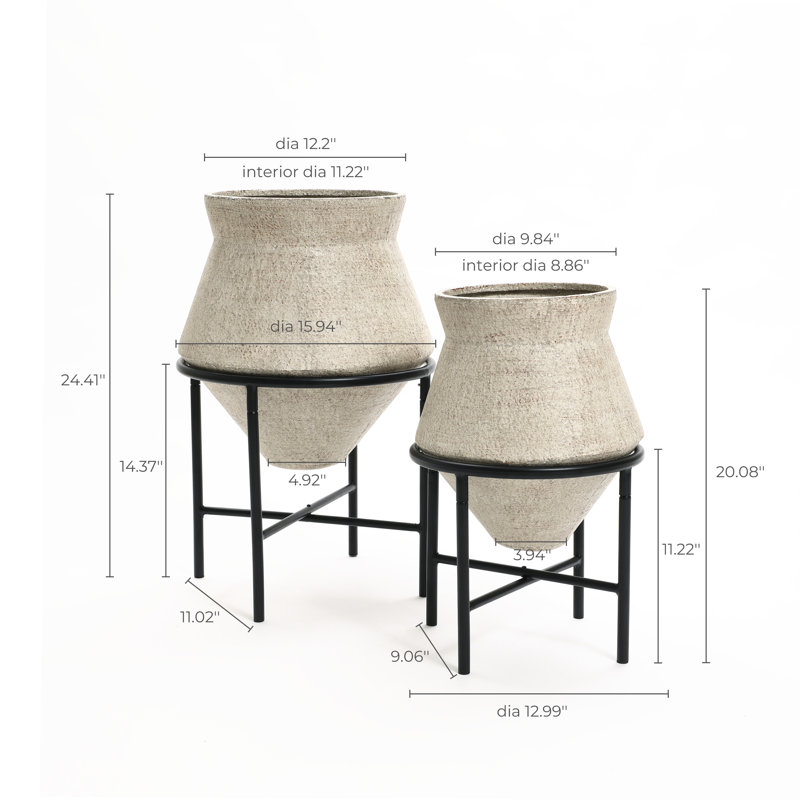 2-Piece Beige Cachepot Planter Cauldron Set with Black Stands