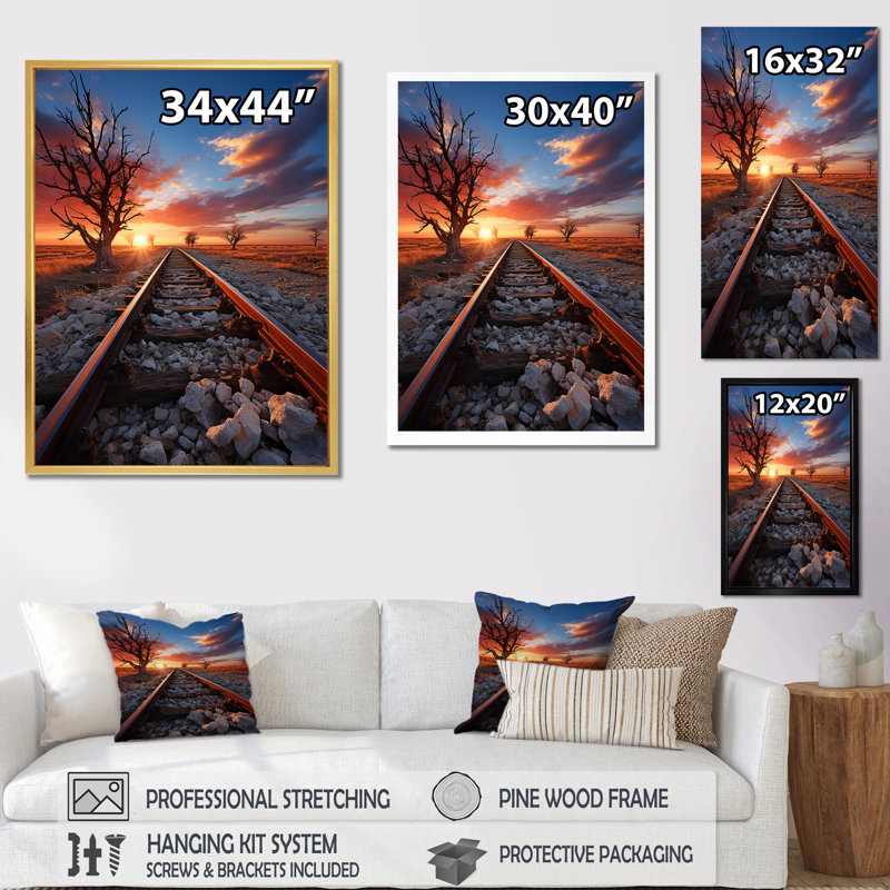 Chemin de fer au coucher du soleil, impression sur toile, H 40 po x l 30 po x P 1,5 po, Cadre flottant doré