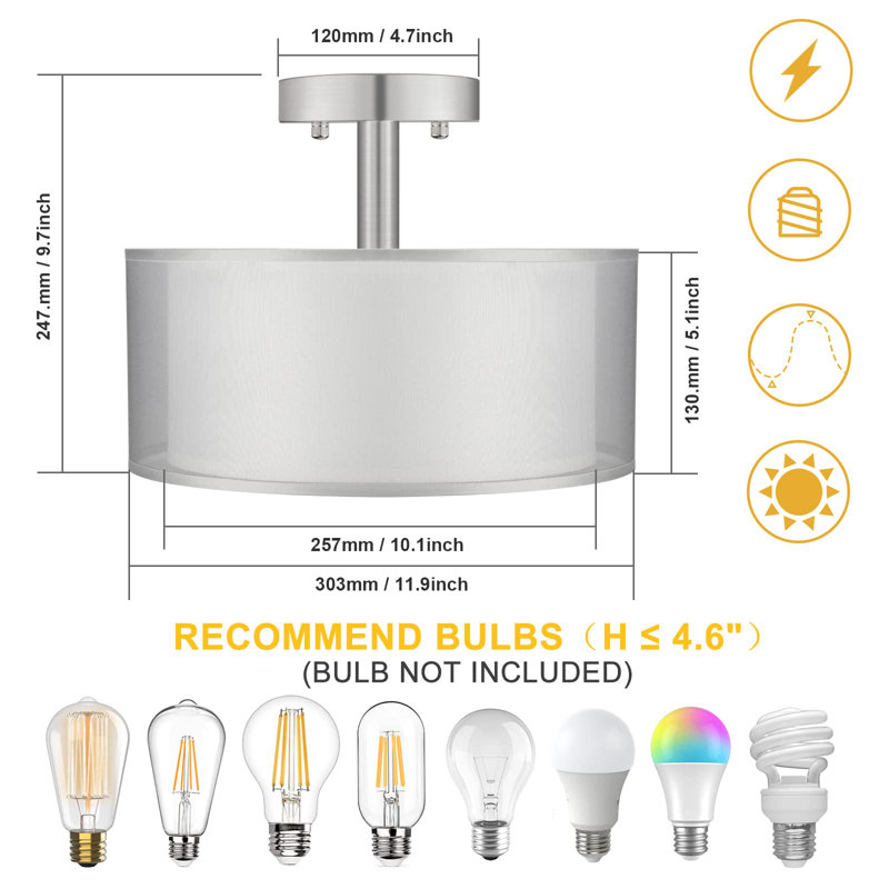 Silver Semi Flush Mount Ceiling Light Fixture, 3-Light Drum Light With Double Fabric Shade, Modern Close To Ceiling Lamp For Living Room, Bedroom, Dining Room, Kitchen, Hallway, Entry, Foyer