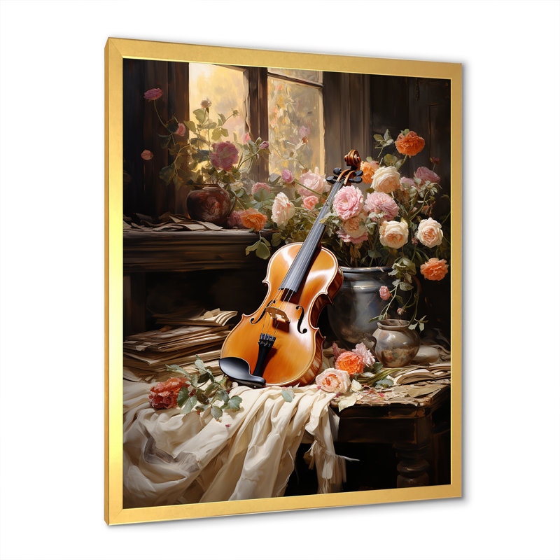 Violon harmonie florale sur toile, Cadre doré simple, H 32 po x l 16 po x P 1 po