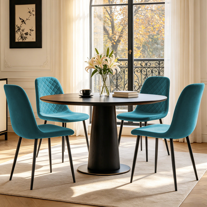 Velvet Upholstered Dining Chairs with Diamond‑Quilted Backrest and Sturdy Metal Legs, Dark Teal