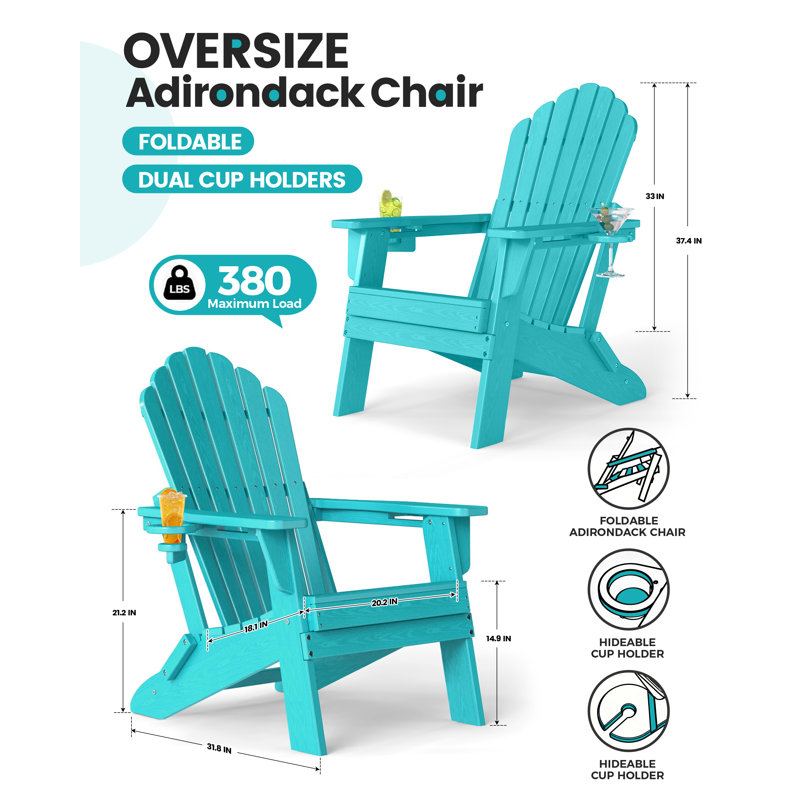 Set of 2 Folding HDPE Adirondack Chairs with Dual Cup Holders – All-Weather Outdoor Patio Seating, Turquoise