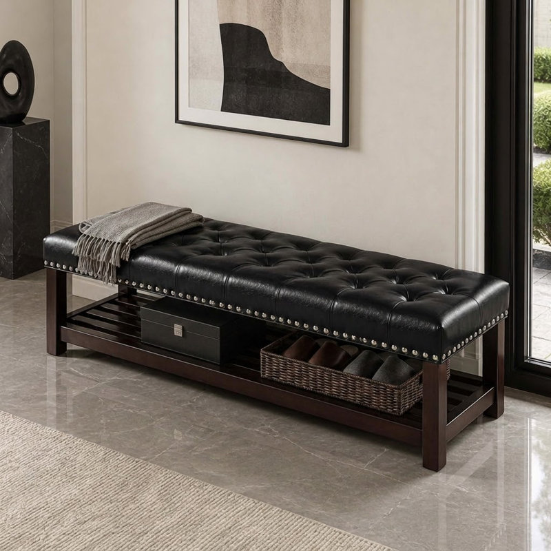 Valma Vintage Style Faux Leather Upholstered Storage Bench, Black