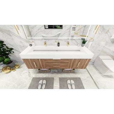 72 inch Wall Mounted Double Bathroom Vanity Latte Oak Finish with Solid  Surface Integrated Sink Top