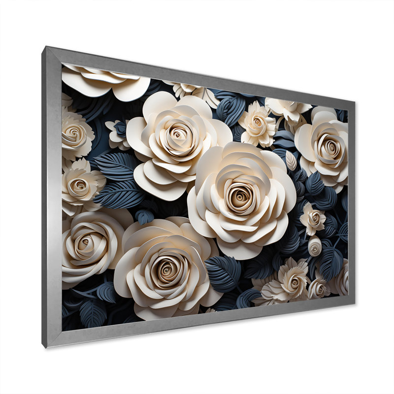 «Blue and White Roses Moonlight Grace», reproduction sur toile, H 34 po x l 44 po x P 1,5 po, Cadre simple argenté
