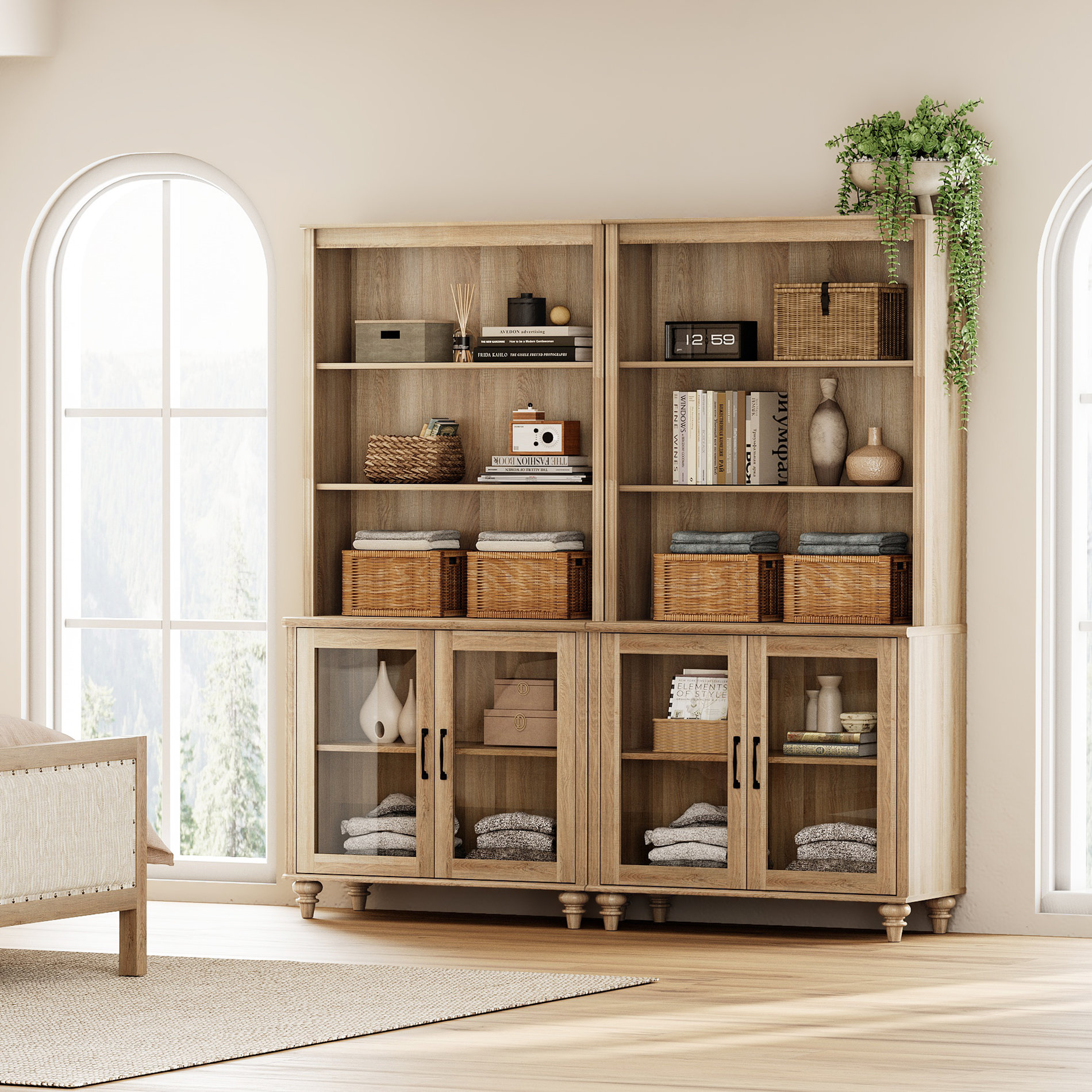 Bookcase With Doors Set Of 2, 5 Tier Bookshelf, 72'' Tall Book Case With Glass Storage Cabinets, Large Wood Bookcases Farmhouse Bookshelves For Living Room Bedroom Home Office Kitchen