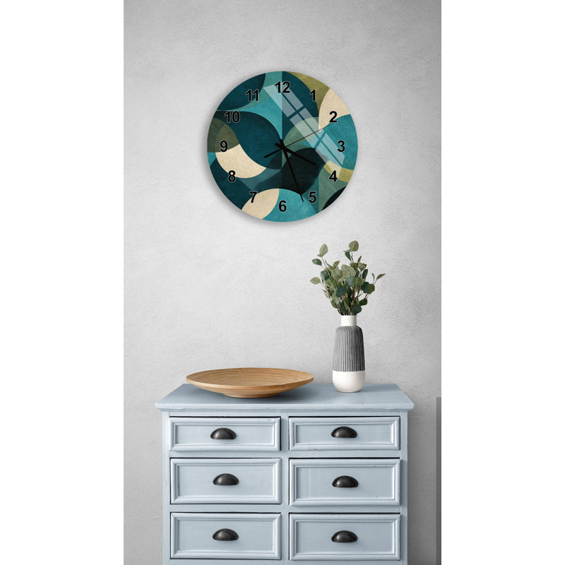 Abstrait horloge murale en verre trempé bleu sarcelle, cercle géométrique moderne bleu marine, décor de grande pendaison de crémaillère silencieuse minimaliste
