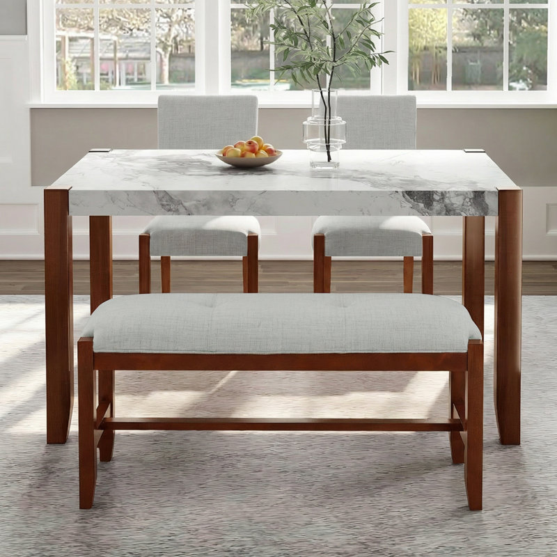 Ensemble de table de salle à manger moderne 4 pièces avec aspect marbre et bois d'hévéa, compact