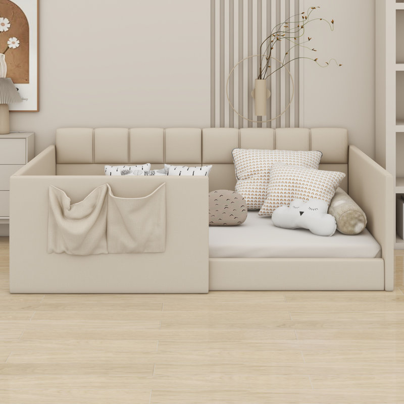 Upholstered Daybed Bed, High Side Panels Design with Side Entrance & Built-in Storage Pockets, Twin, Beige