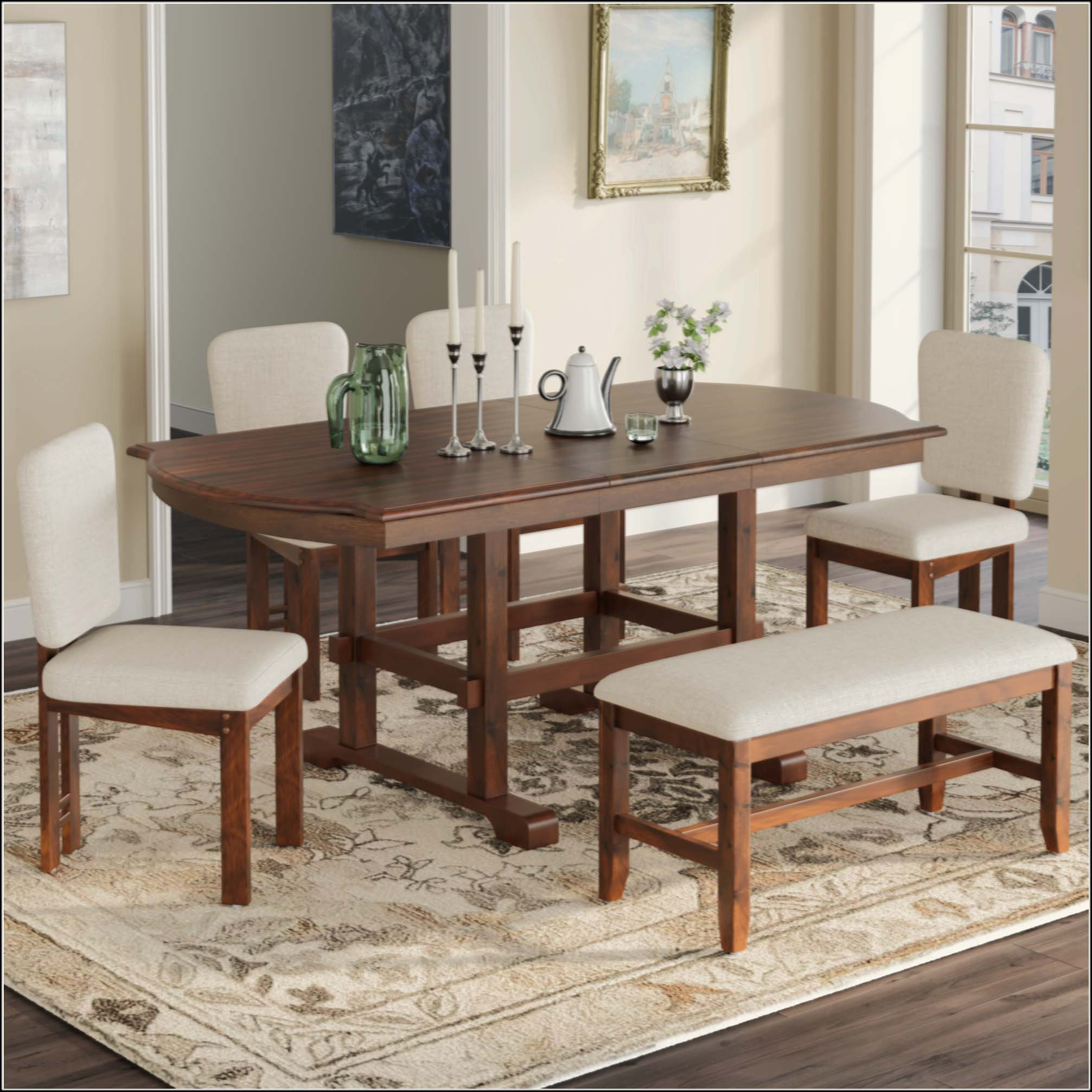 Hokku Designs 6 Pieces Extendable Wood Dining Table Set With Bench ...