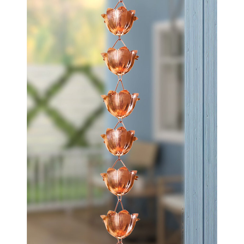 Pure Copper Lotus Flower Rain Chain with Large Cups, 8.5 Feet