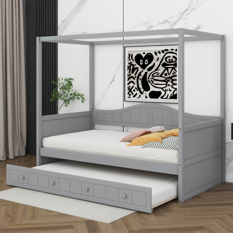 Lit à baldaquin simple avec lit gigogne simple, structure de lit de jour en bois, canapé-lit, base de lit plateforme pour enfants, adolescents, adultes