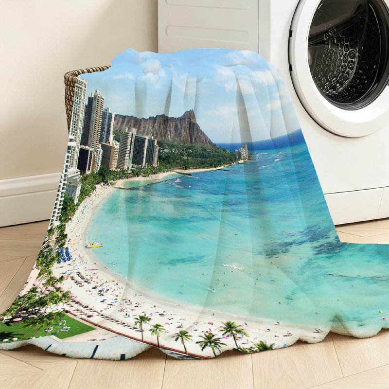 Jeté en flanelle bleue ultra douce, imprimé plage et tête de diamant, Throw 30" x 40"