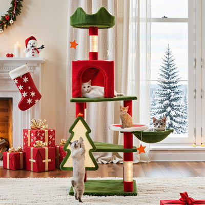 33"W Christmas Multi-Level Cat Tree with Perch Hammock, Scratching Posts and Ramp, and Playful Stars