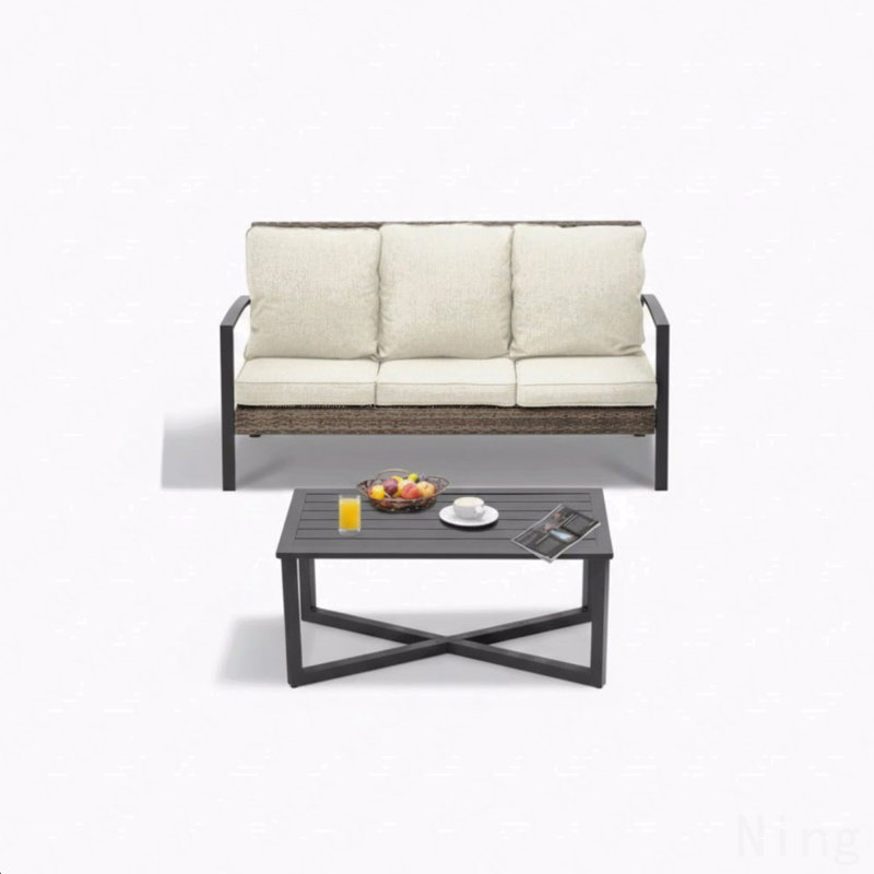 2-Piece Wicker Patio Conversation Set With Beige Cushions & Coffee Table, Beige