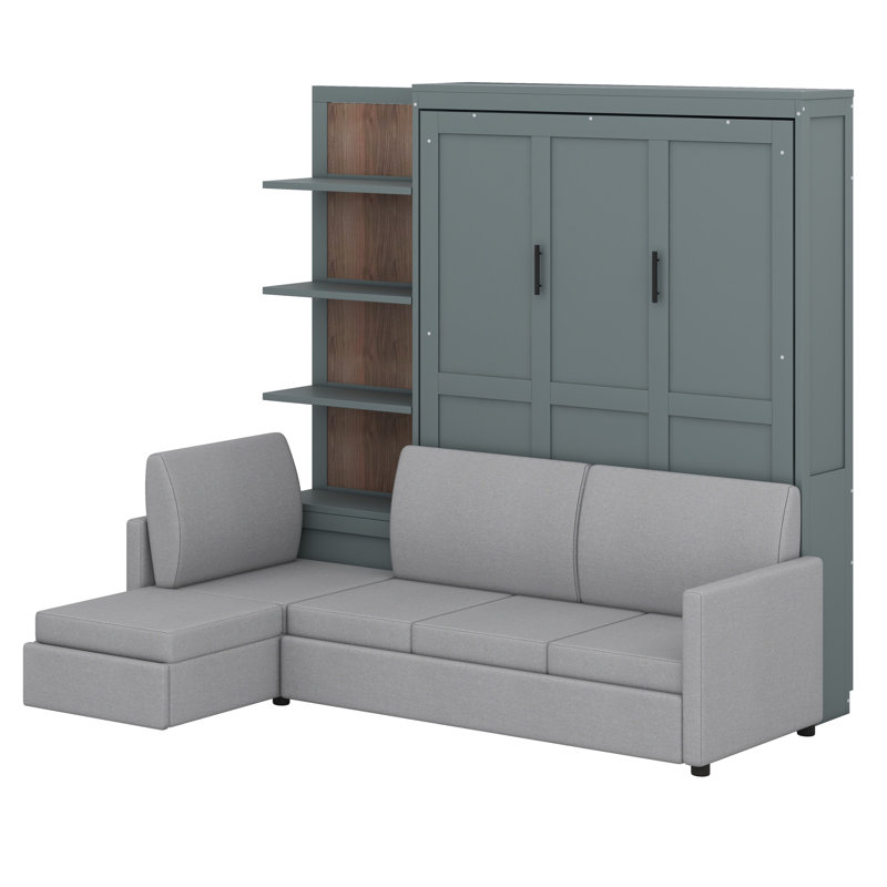 Grand lit escamotable avec canapé, lit escamotable avec tablettes, lit multifonctionnel peu encombrant, Gris