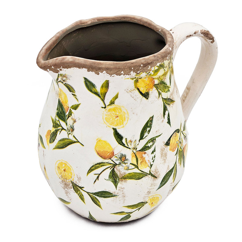 Ileah Ceramic Pitcher Vase with Lemon Motif , 7.9" H X 6.5" W X 7.9" D