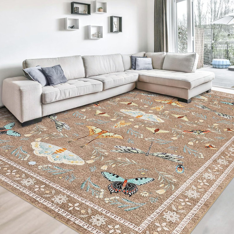 Insect Machine Washable Soft Area Rug for Living Room, Low Pile Non-Slip, Under Bed, Thin, Farmhouse Style.
