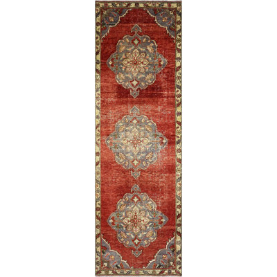 One-of-a-Kind Hand-Knotted 1960s 3'10" x 10'8" Runner Wool Area Rug in Red/Gray/Beige
