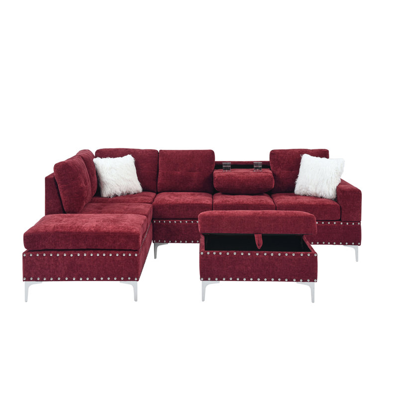 Ilish Upholstered L-Shaped Sectional Reversible, Red Chenille