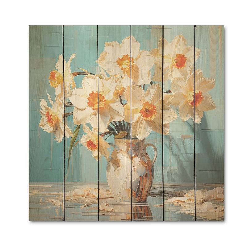 Daffodils Bloom with Fierce Brushwork I - Art mural en bois jonquilles sur bois de pin naturel, H 30 po x l 30 po