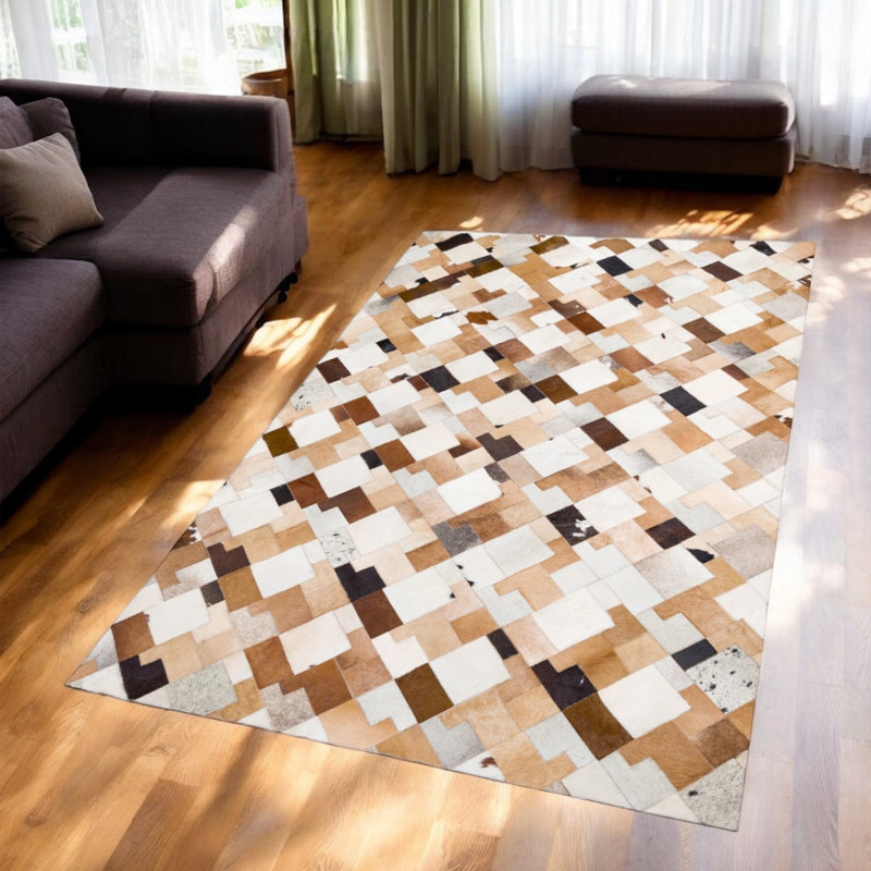 Tapis en cuir de vache à motif géométrique tricolore, Tapis de couloir 2 pi x 6 pi