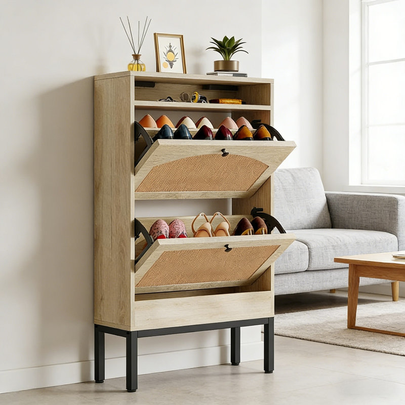 Flip-Door Shoe Cabinet With Charging Station, Oak