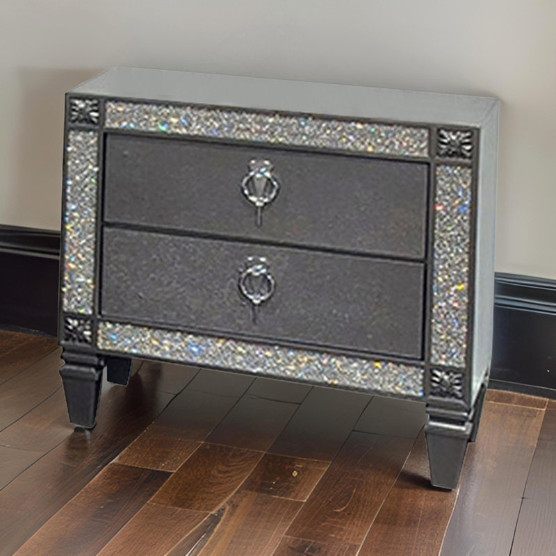 Table de chevet, 2 tiroirs, bordure en cristal, bois massif gris