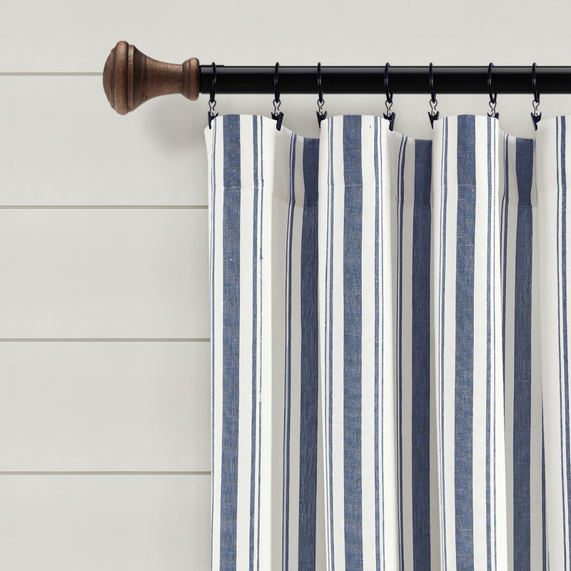 Navy and White Cotton Blend Striped Window Curtain Panels, 42"W x 95"L