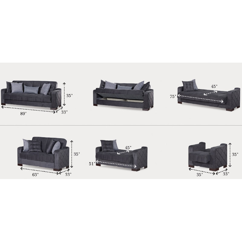 Tevrat 89'' Upholstered Convertible Sofa, Gray Microfiber/Microsuede