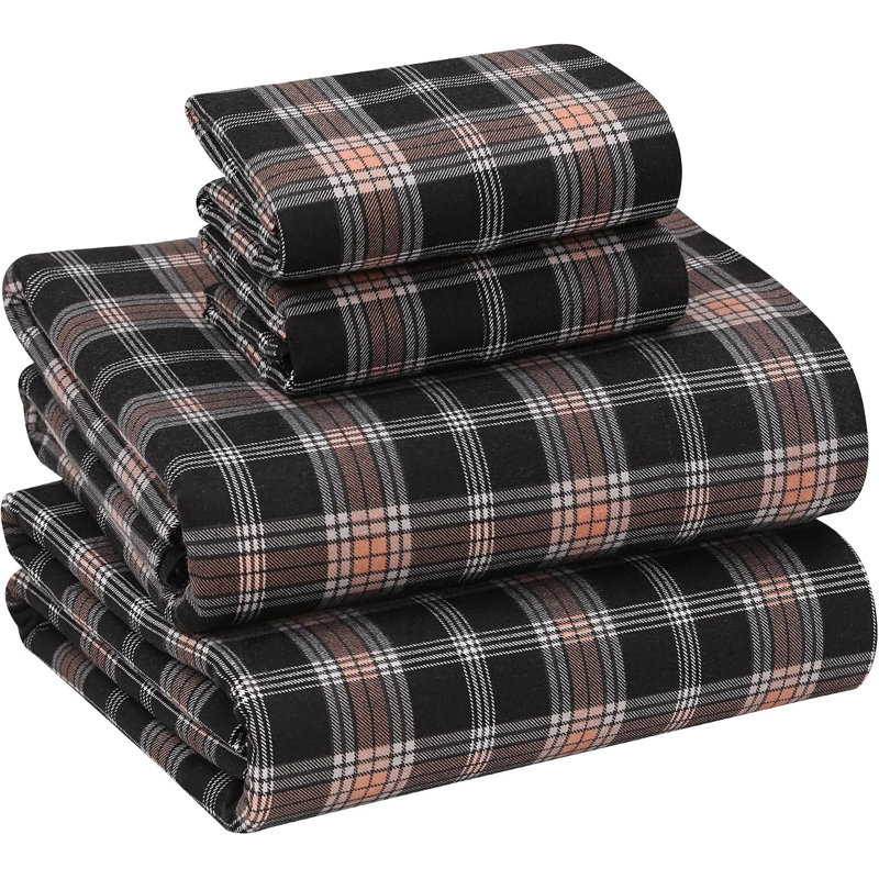 Ensemble de draps 100% flanelle 4 pièces, Ensemble de draps pour grand lit avec 4 pièces su, Gris et brun / carreaux