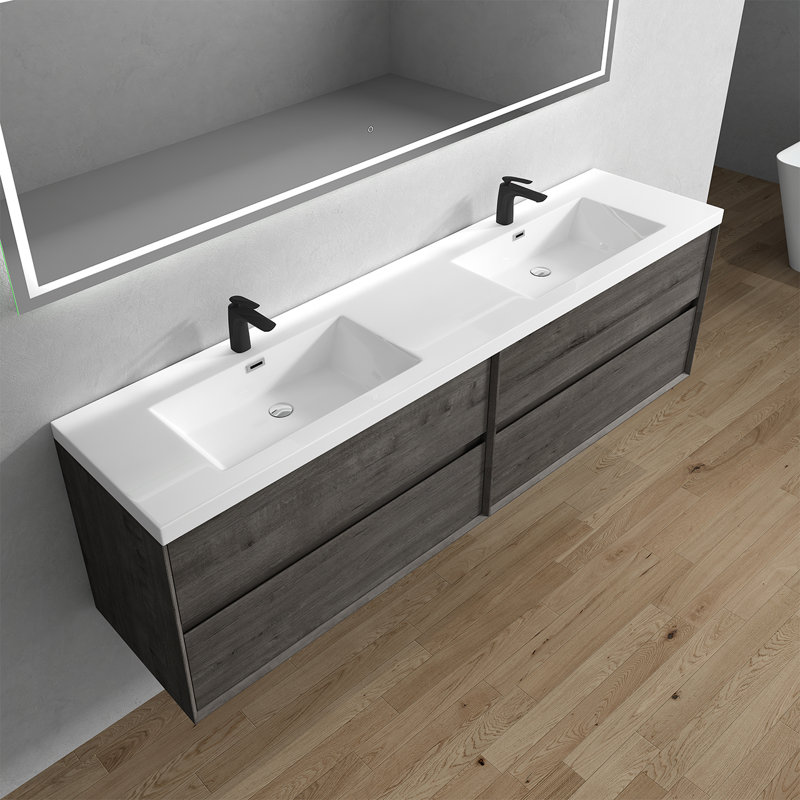 Ensemble de meuble-lavabo double mural 84 po Seavy, Chêne fumé