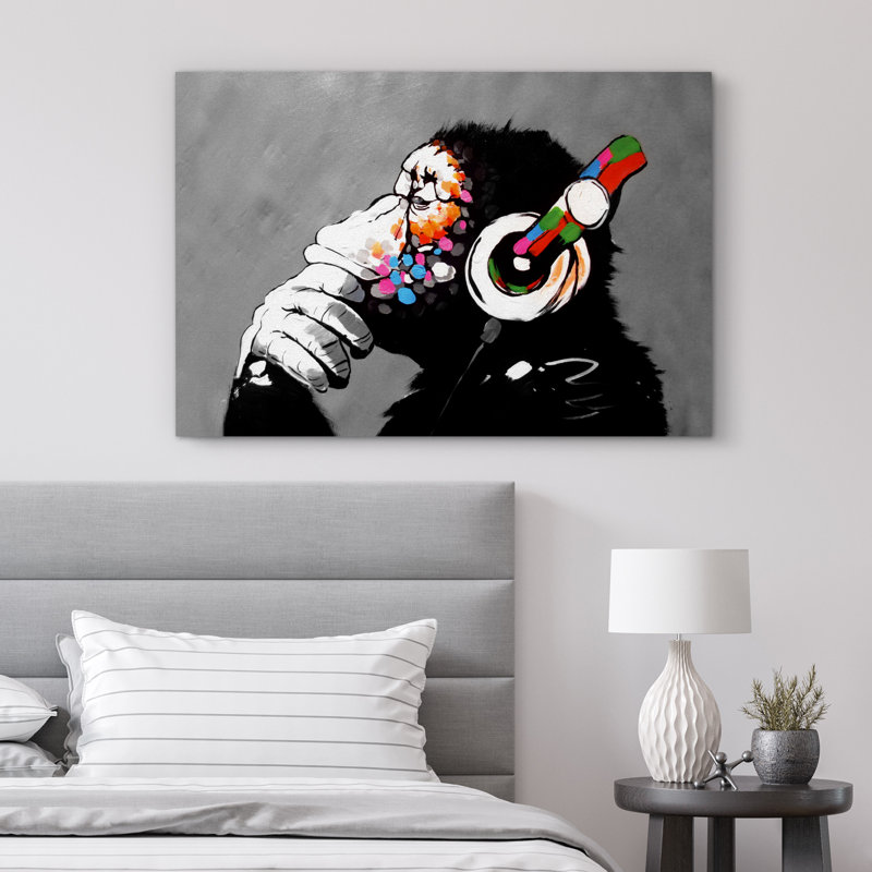 Pop Urban Street "Banksy Thinking Monkey With Headphones Artwork, Graffiti & Street Pop Art Modern Urban Multicolor Wall Pictures, Large Framed Canvas Giclee Print Wall Art"