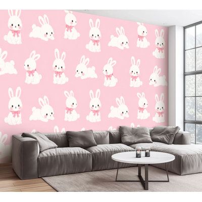 Wall Mural Peel and Stick Wallpaper Cute White Rabbit character seamless Adorable animal white rabbit Self-Adhesive Removable Contact Paper Wall Decor for Living Room Bedroom 100"H x 144"W