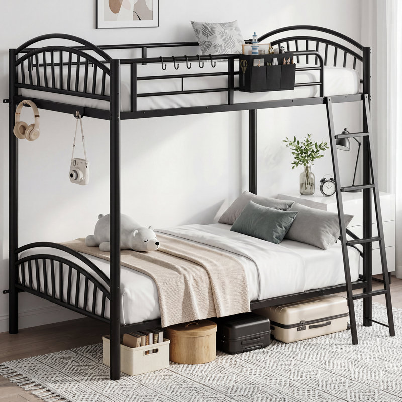 Space-Saving Semicircle Bunk Bed With Attached Storage Bag, 13.4" Safety Rail & Stable Ladder, Black Twin Size Metal Bunk, No Box Spring