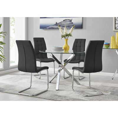 Seline Modern Round Dining Table Set in Glass and Chrome with 4 Modern Faux Leather Dining Chairs