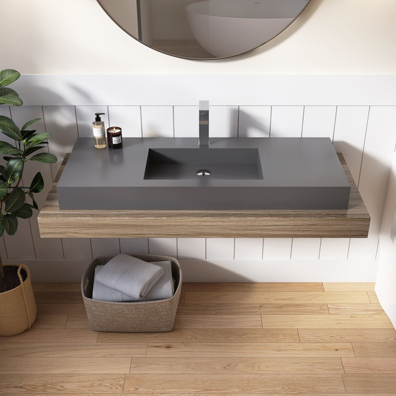 47'' Wall Mounted Bathroom Sink Solid Surface Vessel Sink with Faucet Hole, Gray