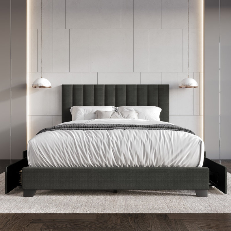 Lit plateforme tapissier avec rangement Kocis, Double , Gris anthracite