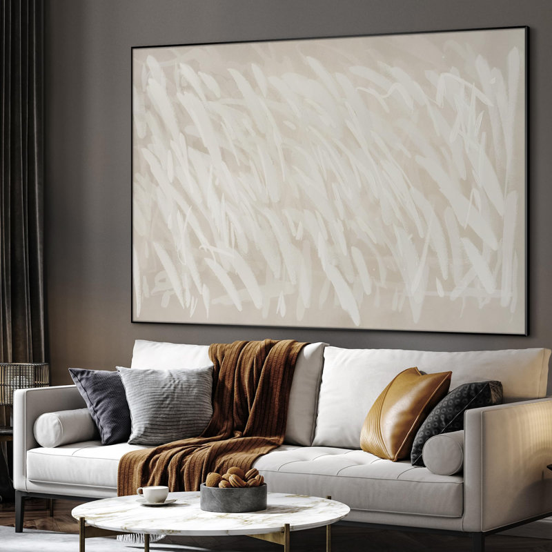 Extra Large Wall Art Fabric Print - White Brush Strokes on Beige Artwork Decor for Living Room or Bedroom - "Frame Assembly Required (Unfinished Frame)"