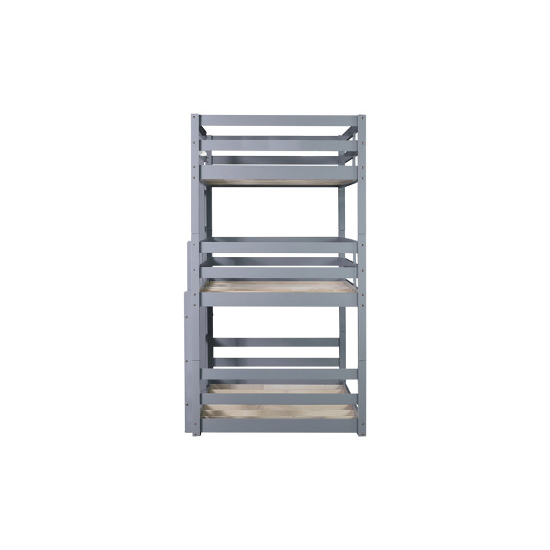 Lit simple superposé triple en bois massif avec 2 échelles, Gris