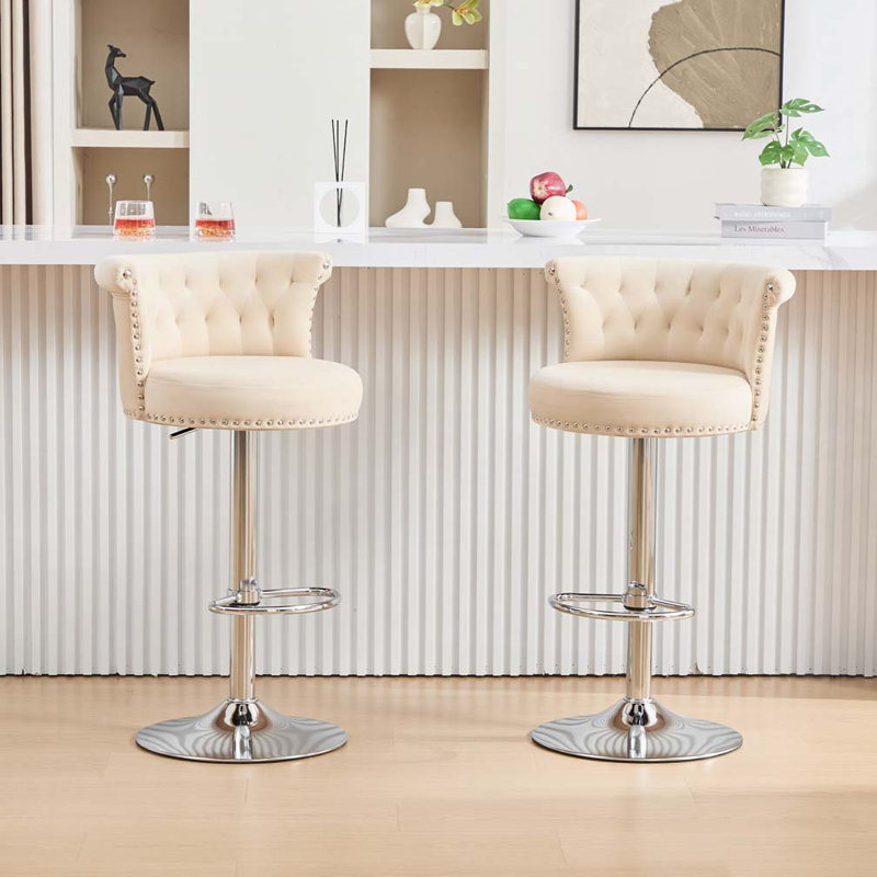 Ensemble de 2 tabourets de bar en velours, Beige