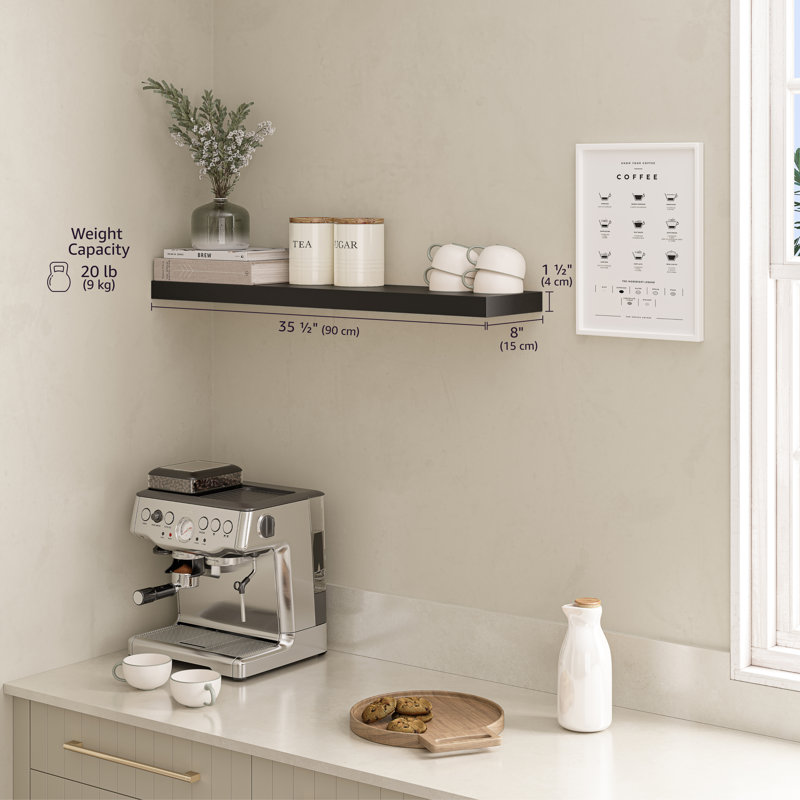 Miami 36" Floating Shelf for Wall, 8" Depth Long Mounted Wall Shelf, Black, 1.5" H x 36" W x 8" D