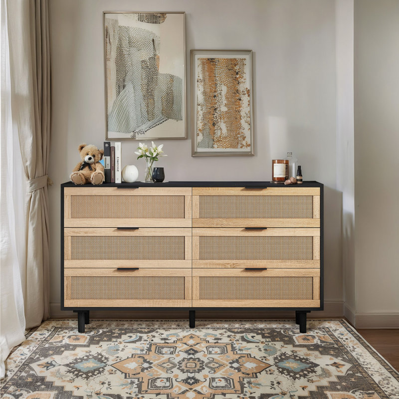 51.18"6-Drawers Rattan Storage Cabinet Rattan Drawer,For Bedroom,Living Room, Black
