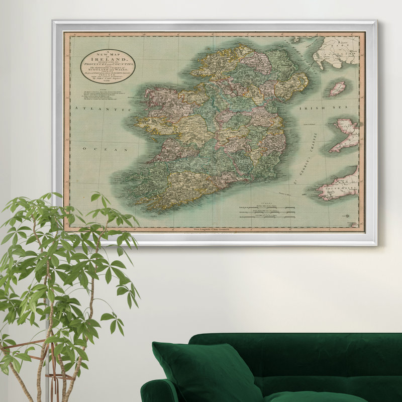 Carte de l’Irlande vintage-impression d’art graphique sur toile encadrée, H 30,5 po x l 42,5 po x P 1,5 po